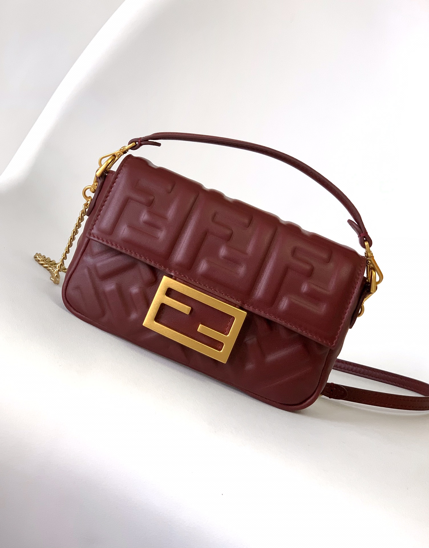 Fendi Mini Baguette Nappa Leather 3D-effect FF Shoulder Bag Dark Red